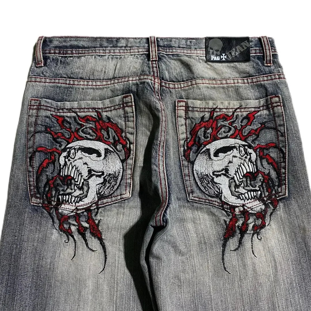 Hearujoy Y2K Gothic Skull Embroidered Baggy Jeans for Men Harajuku Women High Waist Wide Leg Straight Pants Punk Grunge Trendy Streetwear