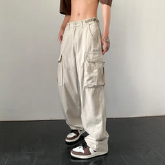 Hearujoy American High Street Big Pocket Overalls Casual Pants Men and Women High Waist Slim Hip Hop Streetwear Pants