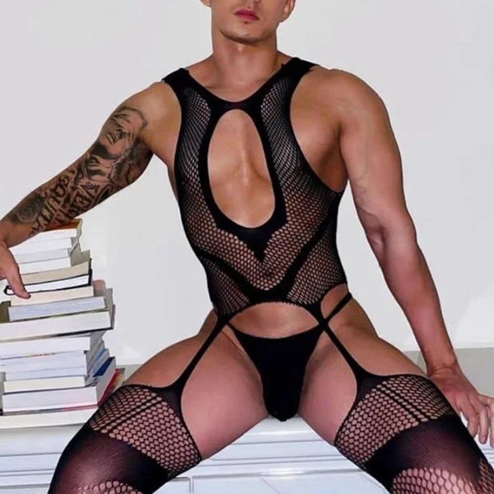 Hearujoy Mens Ultra-thin Black Lingerie Men's Sexy Transparent Mesh Lace Jumpsuit Set See Through Vest Stockings Tights Onesie