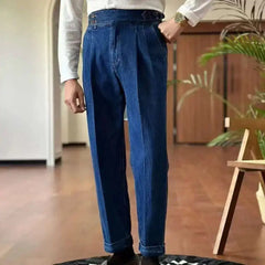 HEARUJOY  -  High Quality Double Pleated Jeans Straight Leg Pant Naples Straight Tube Loose Washed High Grade Business Pant Men Dress Trouser