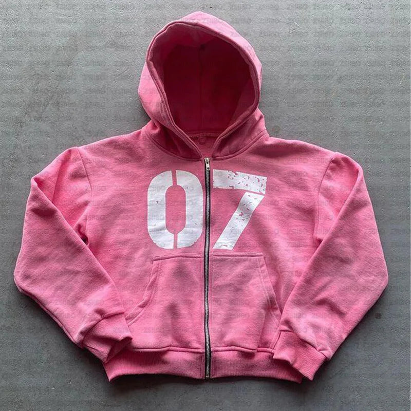 Hearujoy Gothic Retro Oversized Hoodie Number 07 Printing Y2k Hooded Cardigan Sweatshirts European and American Fashion Long Sleeve