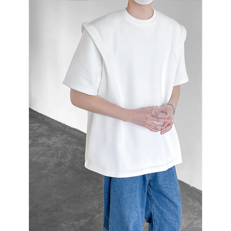 HEARUJOY  -  Summer Shoulder Pad T Shirt Men Fashion Black White Short Sleeved T-shirt Men Streetwear Korean Loose Casual T Shirt Mens Top