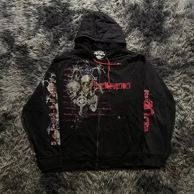 Hearujoy Affliction Hoodie Retro Gothic Skull Oversize Zipper Hoodie Mens Womens Hip Hop Casual Sweatshirt Personality Hooded Jacket Coat