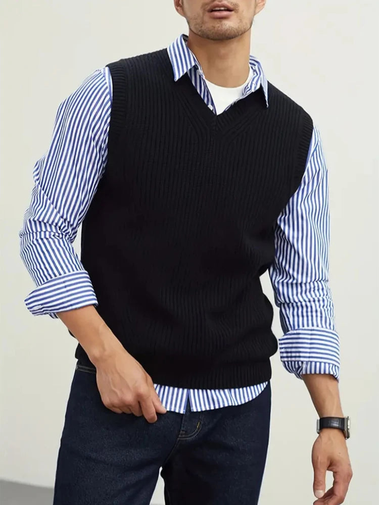 HEARUJOY  -  Casual Simple Solid Color All-match Knit Vest Mens Autumn Trendy Slim V Neck Tank Tops Men Leisure Sleeveless Knitted Camisoles