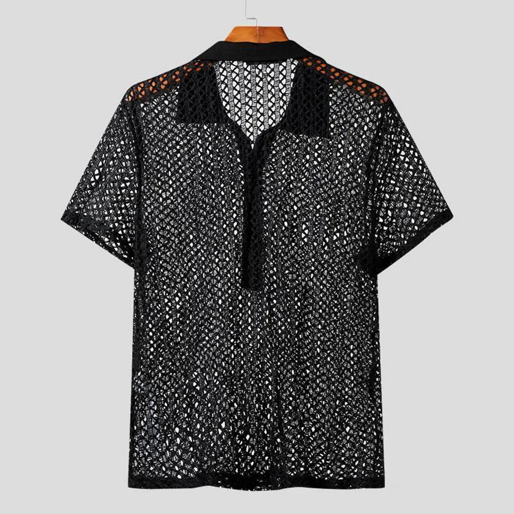 HEARUJOY  -  Mens Shirt Hollow Perspective Mesh Casual T-Shirt Niche Personality Breathable Versatile Sexy Tops Men'S Clothing Summer New