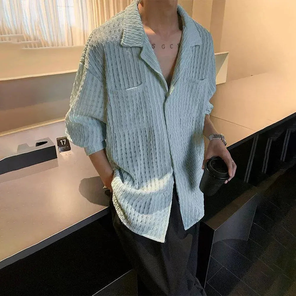 HEARUJOY  -  Mens Shirts Hollow Knitted Casual Shirts Spring Streetwear Fashion Thin Sexy Ballroom Long-Sleeved Tops Men'S Clothing 2025 New