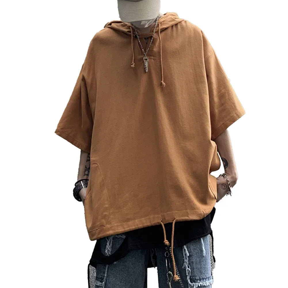 HEARUJOY  -  Casual Outing Black Men Hooded T-Shirt Oversize T Shirt Korean Style Tee Black Casual Shirt Yellow Casual Shirt