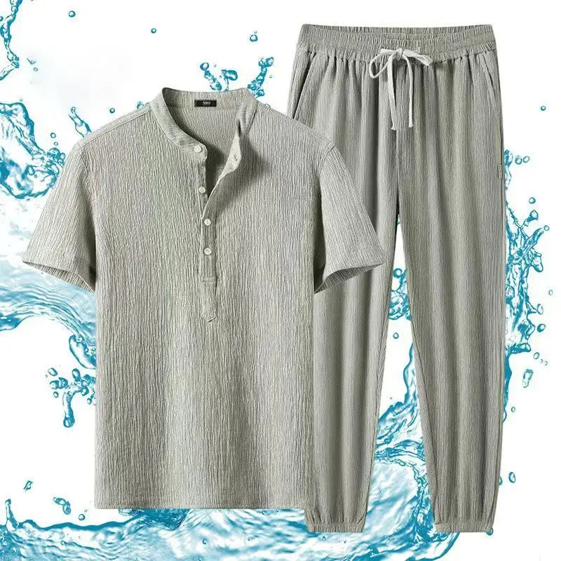 HEARUJOY  -  Summer New Loose Two Piece Set Men's Short-sleeved T-shirt Pants Korean Wrinkle Sports Casual Suit Trend Men Clothes
