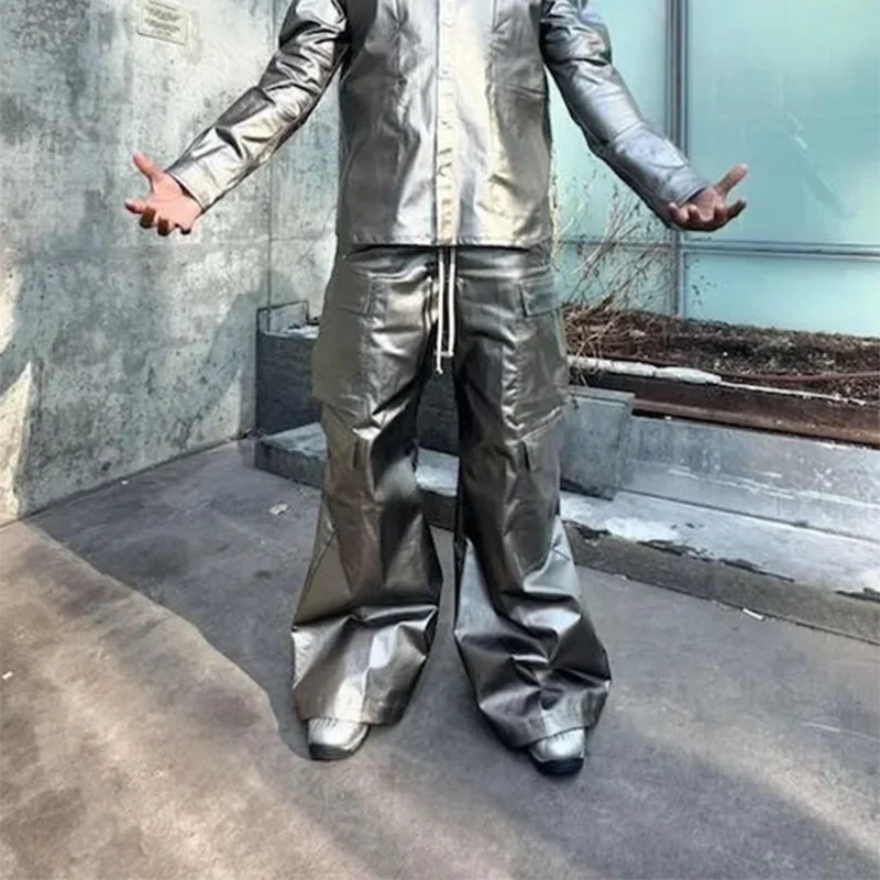 Hearujoy High Street Vintage Matte Coated Cargos  for Men and Women Wide Leg Drawstring Baggy Leather Pants Oversized Cleanfit Trousers