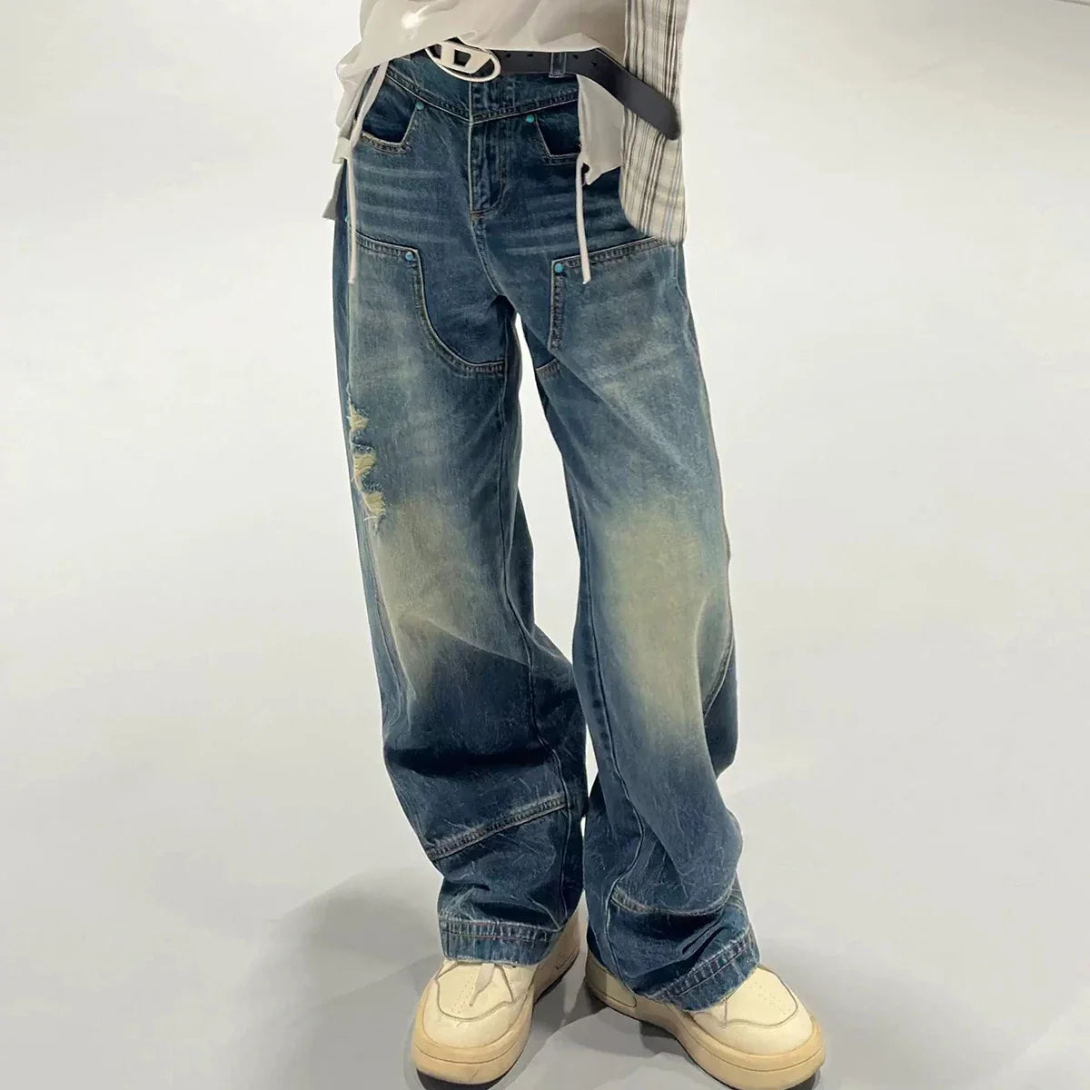 Hearujoy Distressed Logging Turquoise Jeans for Men and Women Streetwear Washed Baggy Denim Trousers Ripped Hole Loose Cargo Pants