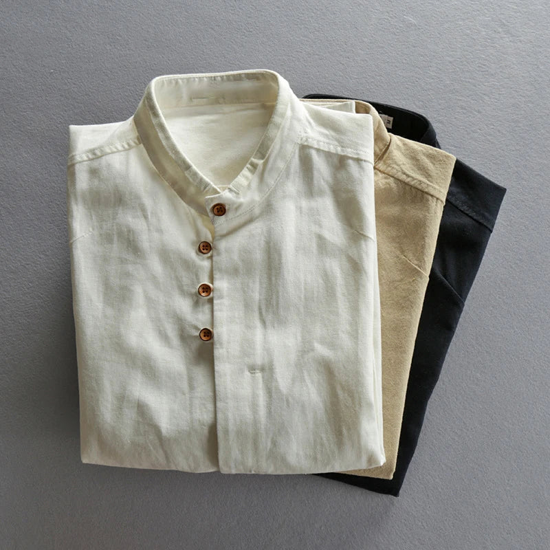 HEARUJOY  -  Vintage High Quality Linen Shirt For Men Long Sleeve Stand Neck Slim Fit Top Chinese Style Retro Blouse Streetwear Plus Size 7XL