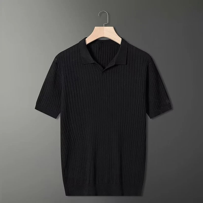 HEARUJOY  -  Men's Clothing Light Luxury Knitted Polo Shirt Casual Stripe V-Neck Solid Color Short Sleeve T-Shirt Breathable Fashion Knitwear