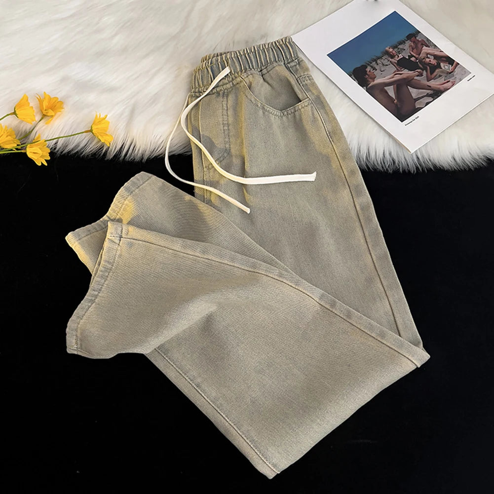 HEARUJOY  -  Men Vintage Korean Casual Pants High Street Hip Hop Straight Wide Leg Jeans Male Drawstring Streetwear