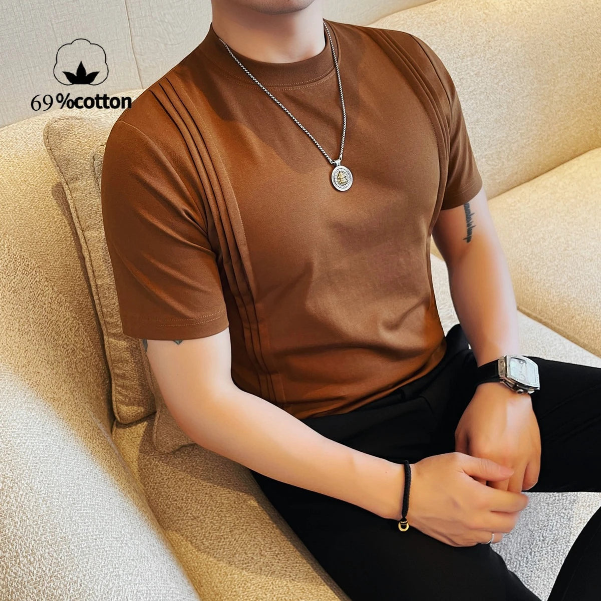HEARUJOY  -  69% Cotton Stretch Men's T-Shirt - Breathable Modern Fit with Vertical Seam Detail, Timeless Casual Top for Everyday Comfort