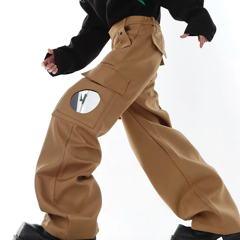 Hearujoy Large Pocket Cargo Pants Niche Personality Mirror Splicing Design Trousers Loose High Street Male Straight Overalls 9A6994