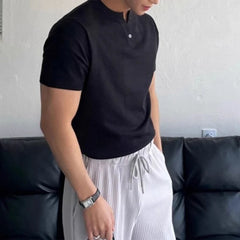 HEARUJOY  -  New Men Luxury Henry Collar T-Shirt Leisure Slim Button-down Solid Color Short Sleeve Tops Korean Style Summer Breathable Tees