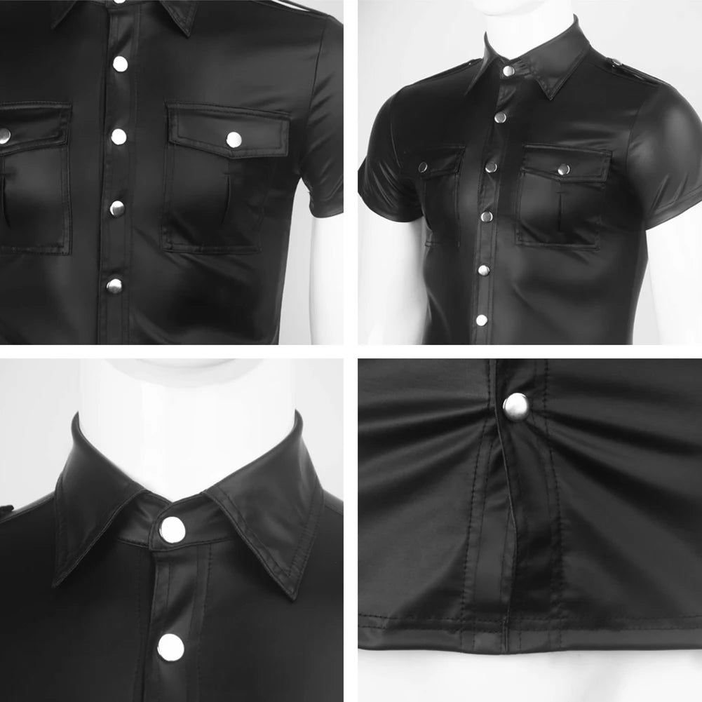 HEARUJOY  -  Men\\\'s Clothing Top Autumn Collared Faux Leather Wet Look Men Regular S-2XL Solid Color Tee Top Blouse Uniform Shirt