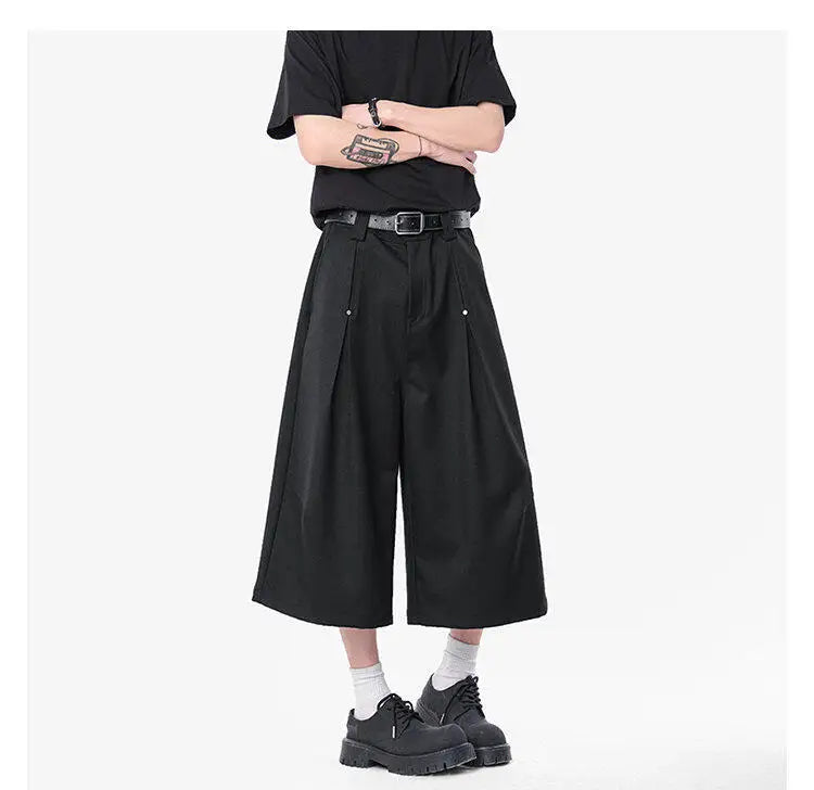 HEARUJOY  -  Korean Style Men Casual Shorts Solid Color Pleated Design Metal Design Cropped Trousers Cleanfit Male Bottom Simple
