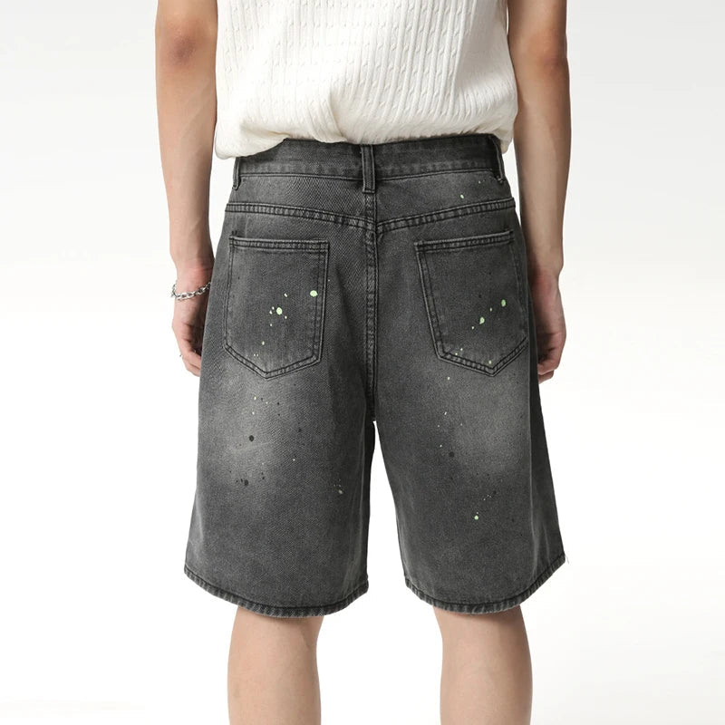 Hearujoy Men's Jeans Knee-length Summer Fashion American Style Speckled Ink Design Loose Wide Leg Denim Shorts 9C6094