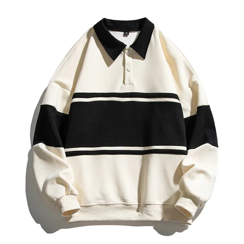 HEARUJOY  -  Men Polo Collar Sweatshirts Spring Autumn Vintage Striped Patchwork Pullover Tops Casual Loose Hoodies Male Harajuku Streetwear