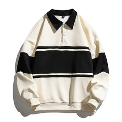 HEARUJOY  -  Men Polo Collar Sweatshirts Spring Autumn Vintage Striped Patchwork Pullover Tops Casual Loose Hoodies Male Harajuku Streetwear