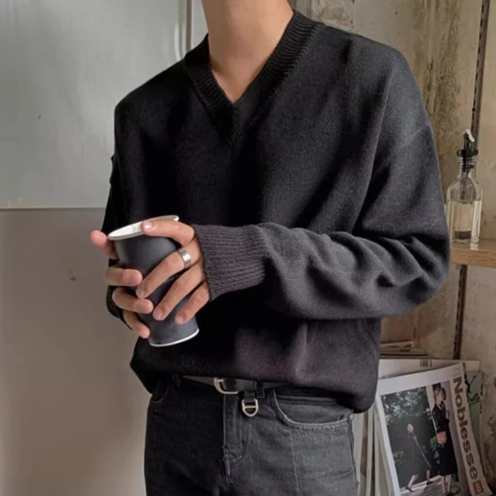 HEARUJOY  -  Mens Sweater Casual Outerwear Knitted Sweater Autumn Fashion Campus Youth All-Match Solid Color Long-Sleeved Top Men'S Clothing