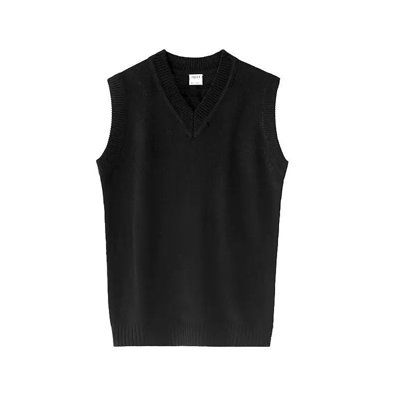 Hearujoy New Autumn Acrylic Men's Sweater Vest V-neck Pullover Korean Solid Color Loose Casual Black Knitted Sweater Vest for Men