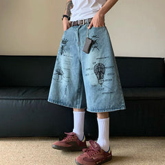 Hearujoy American Style Streetwear Denim Men's Shorts Loose Calf-Length Jeans Vintage Fashion Trend Male Summer 24E1081