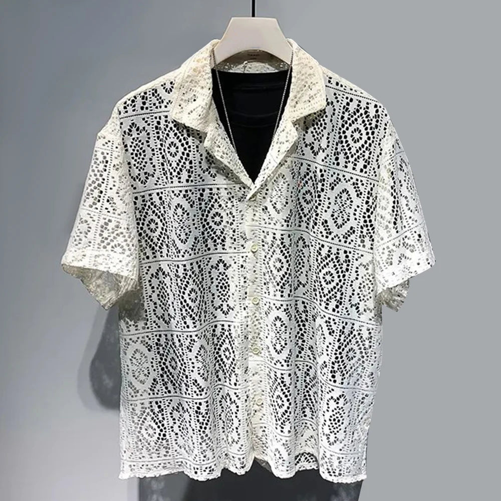 Hearujoy Mens See-Through Hollow Short-Sleeve Casual Shirt 2024 New Genderless Fashion Individuality Retro Sexy Lace Loose Shirt Unisex