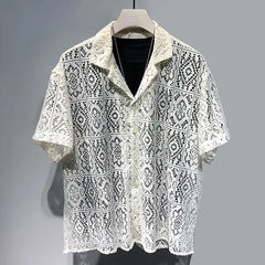 Hearujoy Mens See-Through Hollow Short-Sleeve Casual Shirt 2024 New Genderless Fashion Individuality Retro Sexy Lace Loose Shirt Unisex