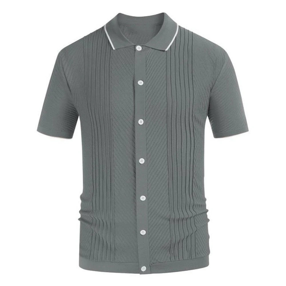 HEARUJOY  -  Men's Luxury Clothing Knit Short Sleeve Polo Shirt Casual Streetwear Lapel Button Down Cardigan Breathable Tops Summer Knitwear