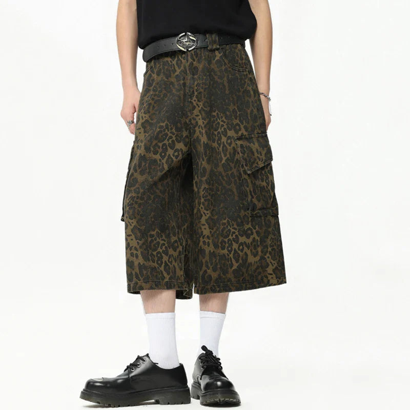 Hearujoy Streetwear Trendy Leopard Print Cargo Pants Summer New Camouflage Big Pocket Design Male Shorts Wide Leg 9C6628