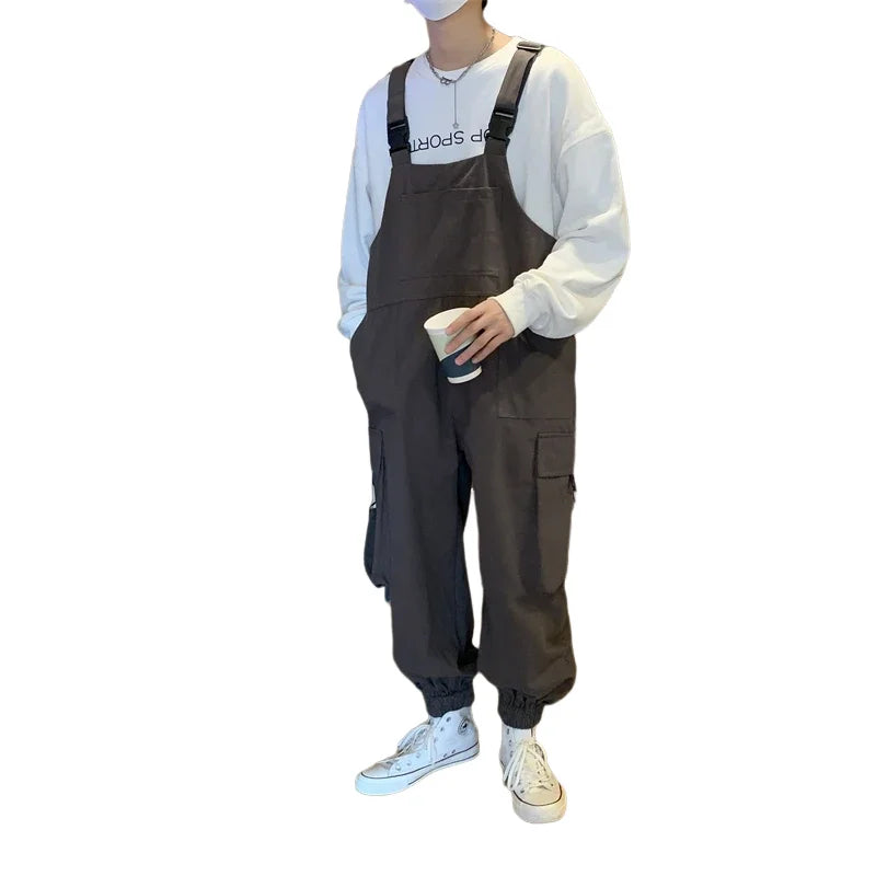 Hearujoy Suspenders Jumpsuit Pants Men Summer Overalls Japanese Loose Straps Casual Pockets Unisex Oversize Streetwear Solid Man Clothing