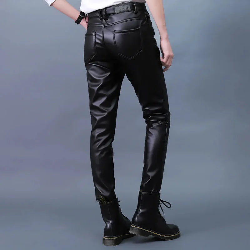 Hearujoy Men Leather Pants Slim PU Leather Trousers Fashion Elastic Motorcycle Leather Pants Waterproof Oil-Proof Male Bottoms Oversized