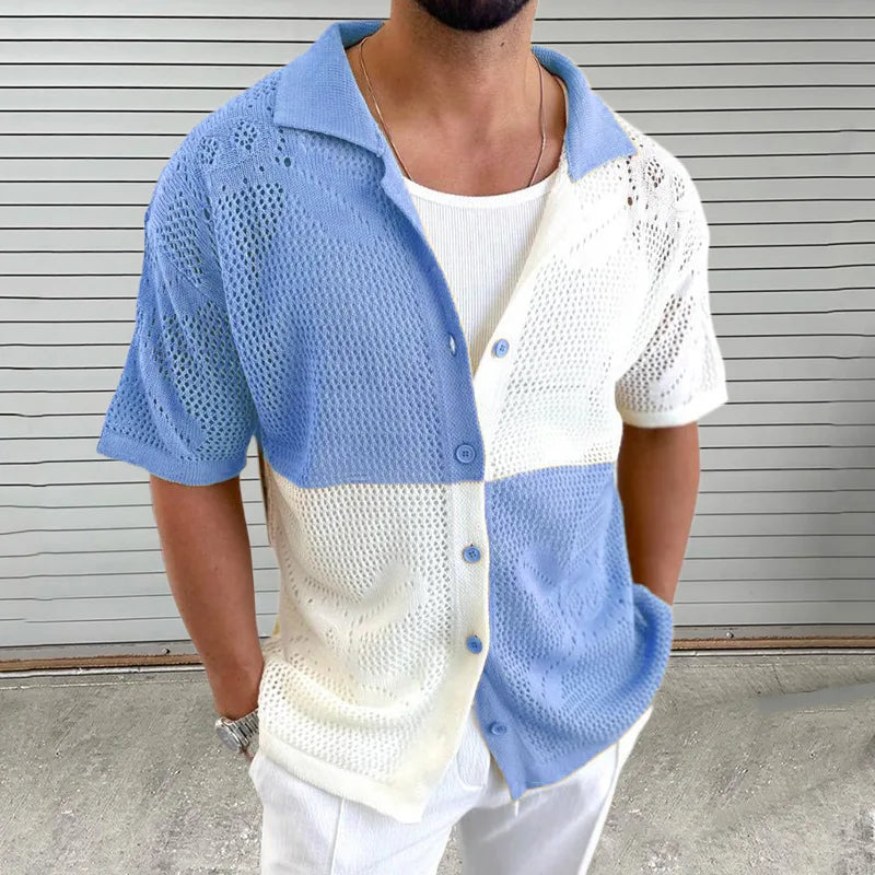 HEARUJOY  -  Color Blocked Hollow Out Knitting Shirts For Men Summer Thin Short Sleeve Button Cardigan Sweater Fashion Casual  Loose Knitwear