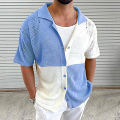 HEARUJOY  -  Color Blocked Hollow Out Knitting Shirts For Men Summer Thin Short Sleeve Button Cardigan Sweater Fashion Casual  Loose Knitwear