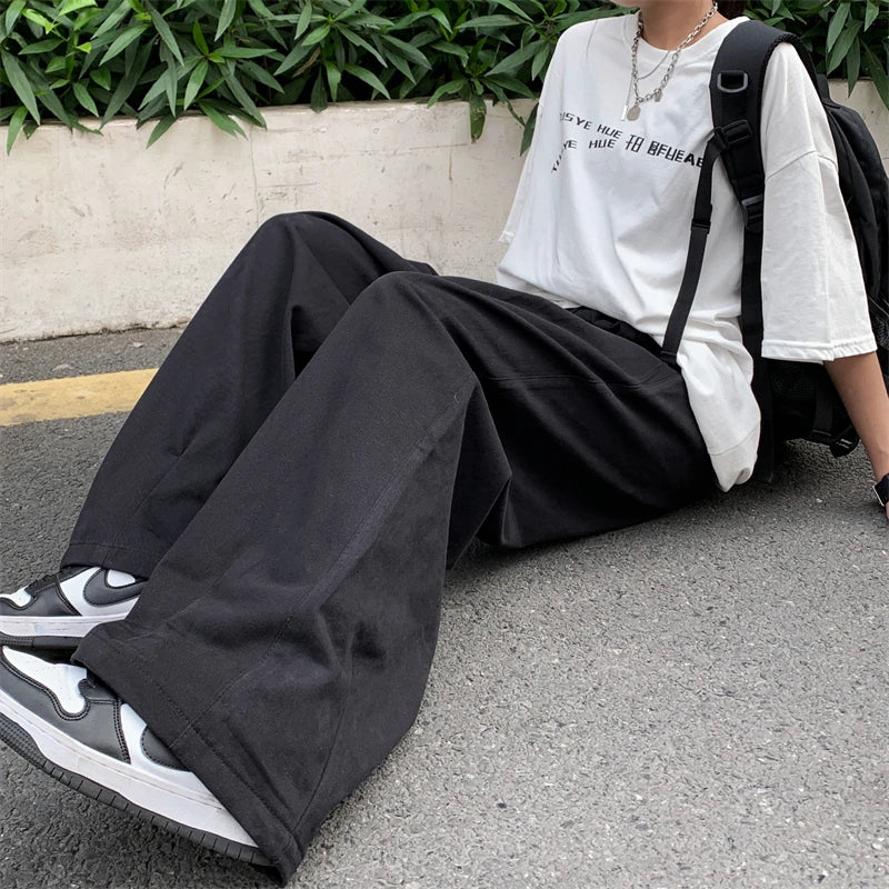 Hearujoy Cotton Casual Pants Men Fashion Oversized Wide Leg Pants Men Japanese Streetwear Hip-hop Loose Straight Pants Mens Trousers