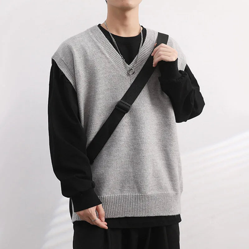 HEARUJOY  -  Men Knitted Sweater Vest Solid Color Autumn Winter Sleeveless V-neck Pullovers Male Casual Loose Waistcoat Korean Style Knitwear