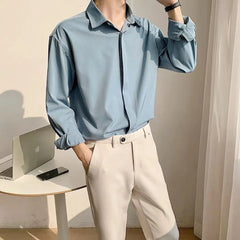 Hearujoy Korean Fashion Spring Lake Blue Men Shirts Luxury Long Sleeve Casual Loose Drape Ice Silk Button Up Shirt Blouse Shirt Men