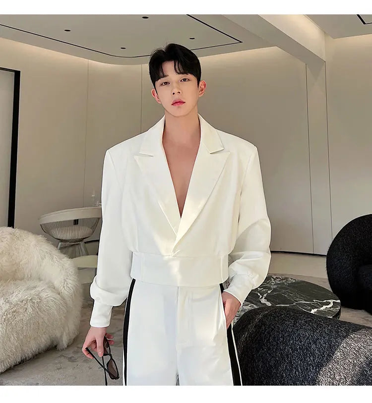 Hearujoy Korean Streetwear For Men 2023 Men's Sets Two-piece Solid Color Short Jacket Suit Strip Wide Leg Pants Casual Trend Male Suit