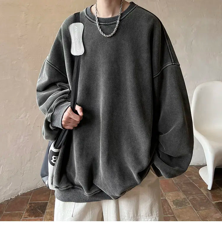 HEARUJOY  -  American Washed Old Pullovers Sweatshirts Men Loose Solid Color 2025 Autumn Large Size Warm O Neck Tops Hip Hop Y2k Sweatshirt