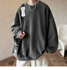 HEARUJOY  -  American Washed Old Pullovers Sweatshirts Men Loose Solid Color 2025 Autumn Large Size Warm O Neck Tops Hip Hop Y2k Sweatshirt