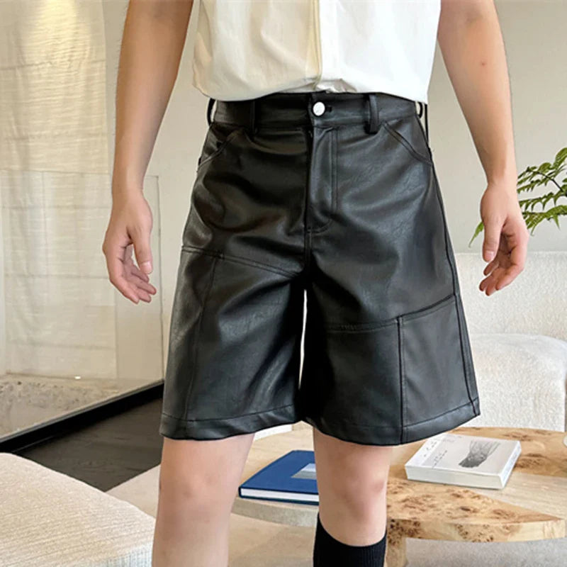 Hearujoy Niche Style Men's Shorts Casual Leather Straight Male Trousers Wide Leg Loose Bottom Stylish Pockets Summer 9C6373