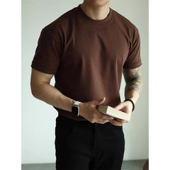 HEARUJOY  -  T-shirt American Pure Cotton Tough Guy Solid Color Men Short-sleeved Round Neck Couple Casual Versatile Business Base Shirt