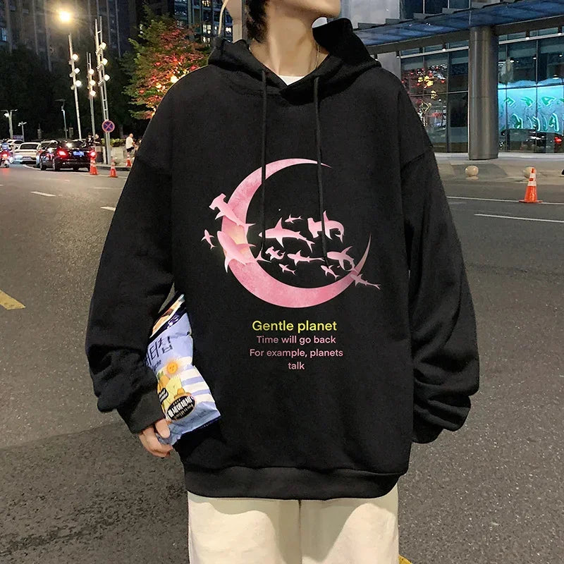 HEARUJOY  -  Funny Men's Oversized Hoodie Off White Hoodies with Hat Oversize for Men Moon Print 5XL Man Casual Wear Hoody Male Sweatshirt
