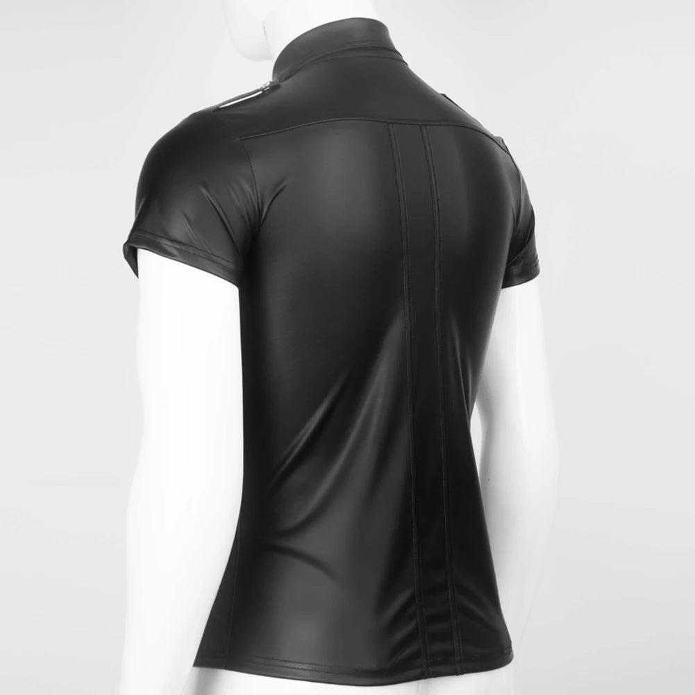HEARUJOY  -  Men\\\'s Clothing Top Autumn Collared Faux Leather Wet Look Men Regular S-2XL Solid Color Tee Top Blouse Uniform Shirt