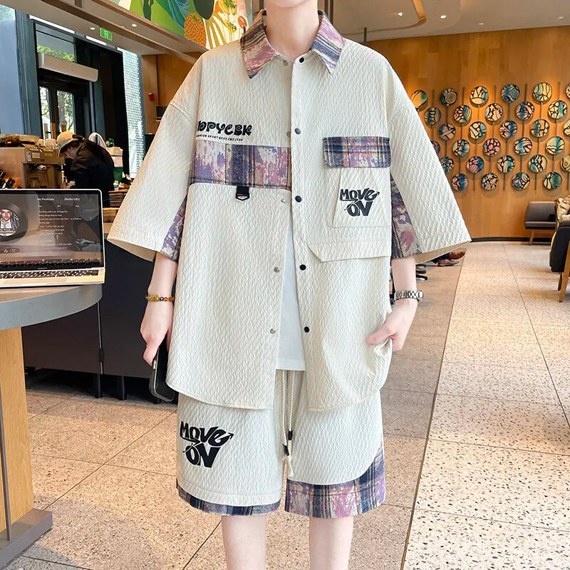 HEARUJOY  -  Summer Men's Casual Set Single Breasted Short Sleeve Shirt Shorts 2 Piece sets Loose Fashion High Quality Sweatshirt Suit