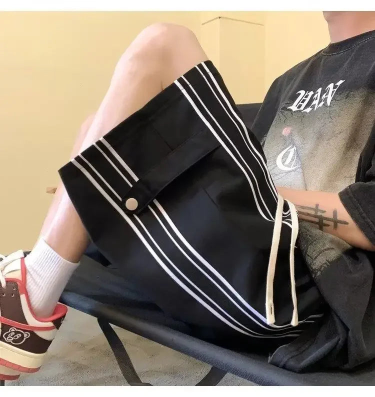 HEARUJOY  -  Fashionable Side Striped Sports Shorts Men's Loose Mid-trousers Handsome Straight Five-point Pants