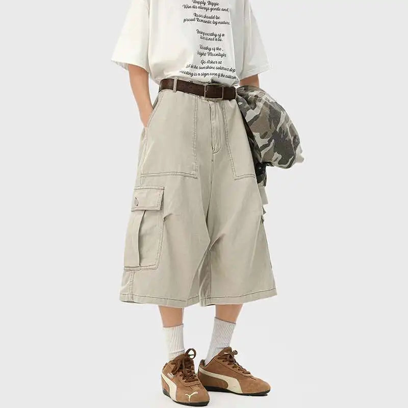 HEARUJOY  -  Summer Cotton Casual Pants Men Pocket Cargo Pants Men Japanese Streetwear Hip-hop Loose Wide Leg Pants Mens Calf-Length Pants