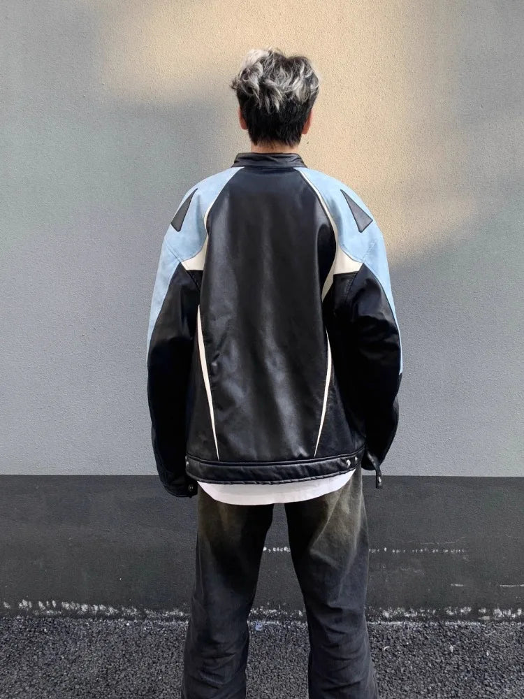 HEARUJOY  -  Men's Motorcycle Leather Jacket Color Block Racing PU Leather Coat Women Spring New Zip Up Stand Collar Hip Hop Street Outwear